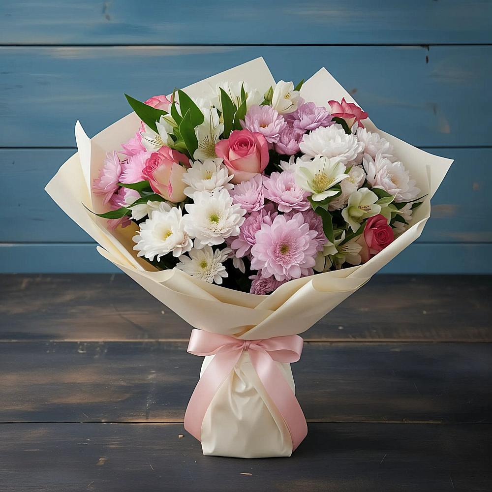 Букет цветов из: Хризантемы, Альстромерии и Розы в Копанище